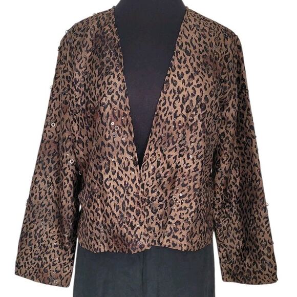 Chico’s Silk Animal Print Sequin Jacket Open Front Cropped Sz 1 M EUC - Picture 2 of 7